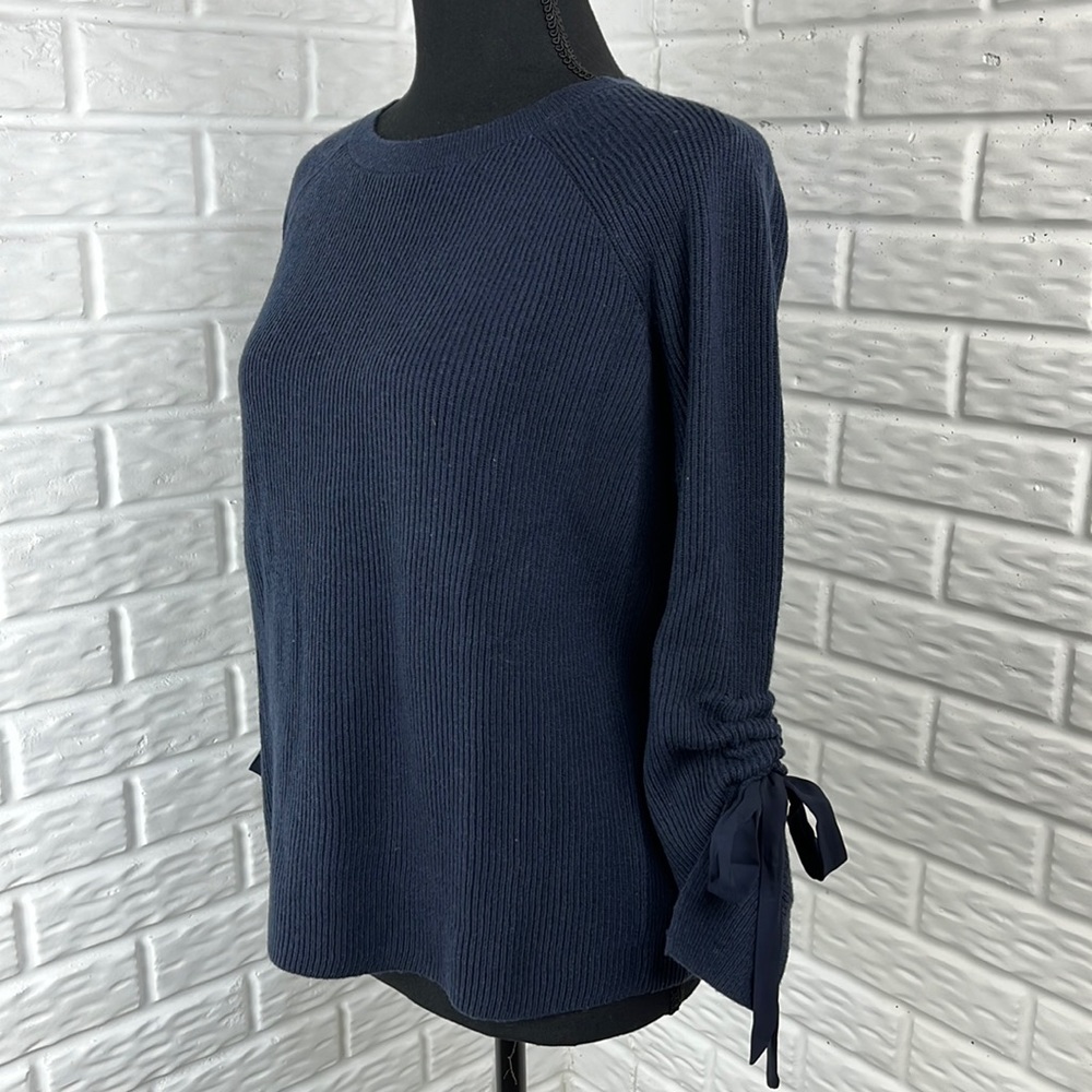 ANN TAYLOR navy wool nylon blend oversize sweater ribbon sleeve size XS NWT